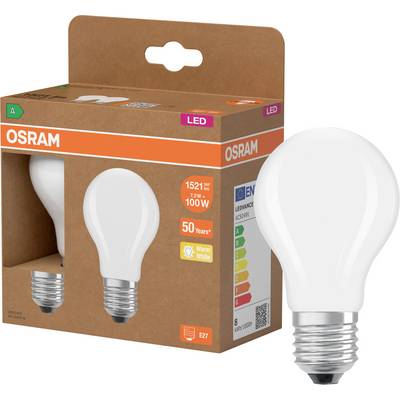 OSRAM LED light bulb in retail packaging, showing a warm white E27 bulb and box labels for 100W equivalent and 1521 lumens.