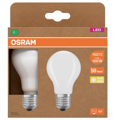 OSRAM LED light bulb packaging showing a warm white E27 bulb, rated 100W equivalent, 1521 lumens, 7.2W, 50-year life.