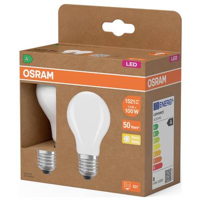OSRAM LED light bulb box with two bulbs shown, labeled 100W equivalent, 1521 lumens, warm white, E27, and energy class A.