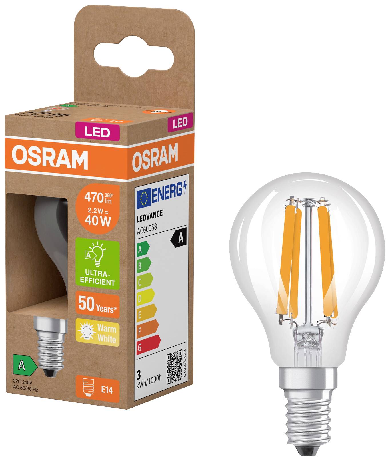 LED light bulb OSRAM with packaging. E14 fitting, 470 lumens, 4W, warm white. Energy efficiency class A, lifespan 50 years.