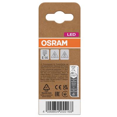 OSRAM LED bulb packaging, brown box with orange label, E14 base icon, safety symbols, and barcode.