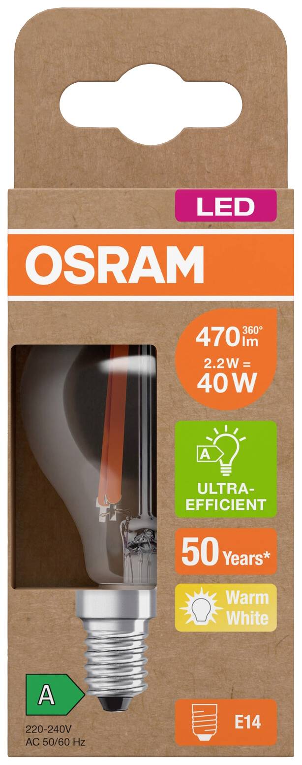 LED candle bulb, 470 lumens, 2.2 W, warm white, E14 screw cap, brand 'Osram', 50-year lifespan, ultra-efficient, Energy Rating A.