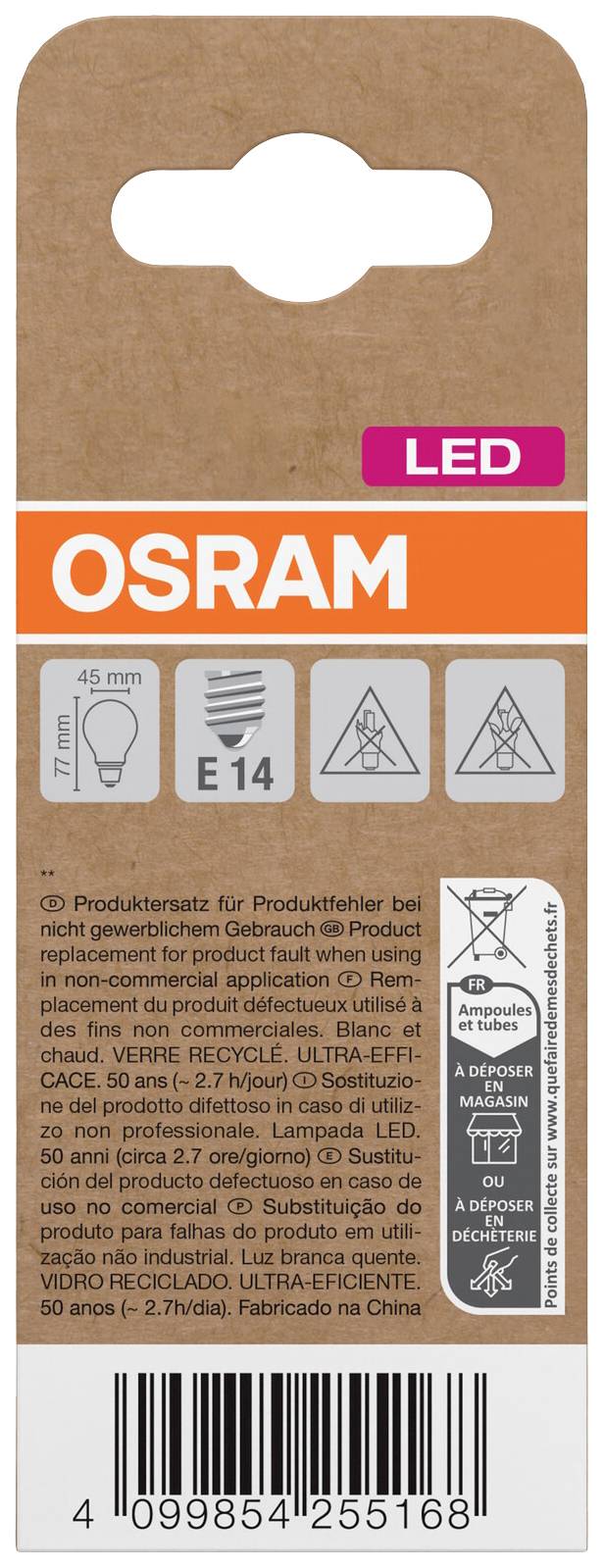 Packaging of an Osram LED lamp with an E14 socket. Shows symbols for voltage, socket type, and energy efficiency on brown cardboard.