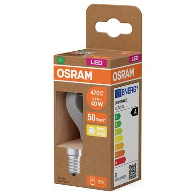 OSRAM LEDVANCE LED light bulb box, warm white, 2.2W, 40W equivalent, E14 base, 470 lumens, energy class A.