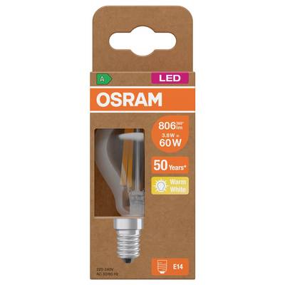 OSRAM LED light bulb packaging showing an E14 warm white bulb, 806 lm, 8.5 W, 60 W equivalent, 50 years and 360° lighting.