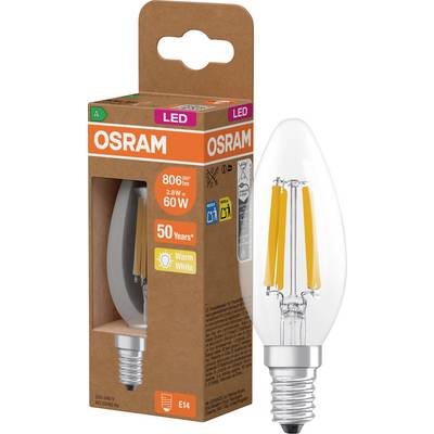 OSRAM LED candle bulb package and bulb, 3.8W 60W equivalent, 806 lumens, E14 base, warm white, 50 years.