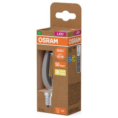 OSRAM LED light bulb package, warm white, 60W equivalent, E14 base, 50 years lifespan.