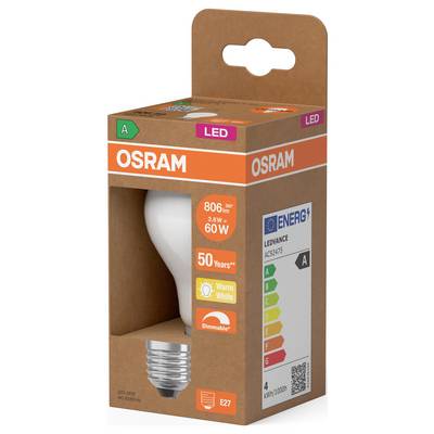OSRAM LED light bulb package, showing 3.8W, 60W equivalent, warm white, E27 base, 50 years life, and A energy rating.
