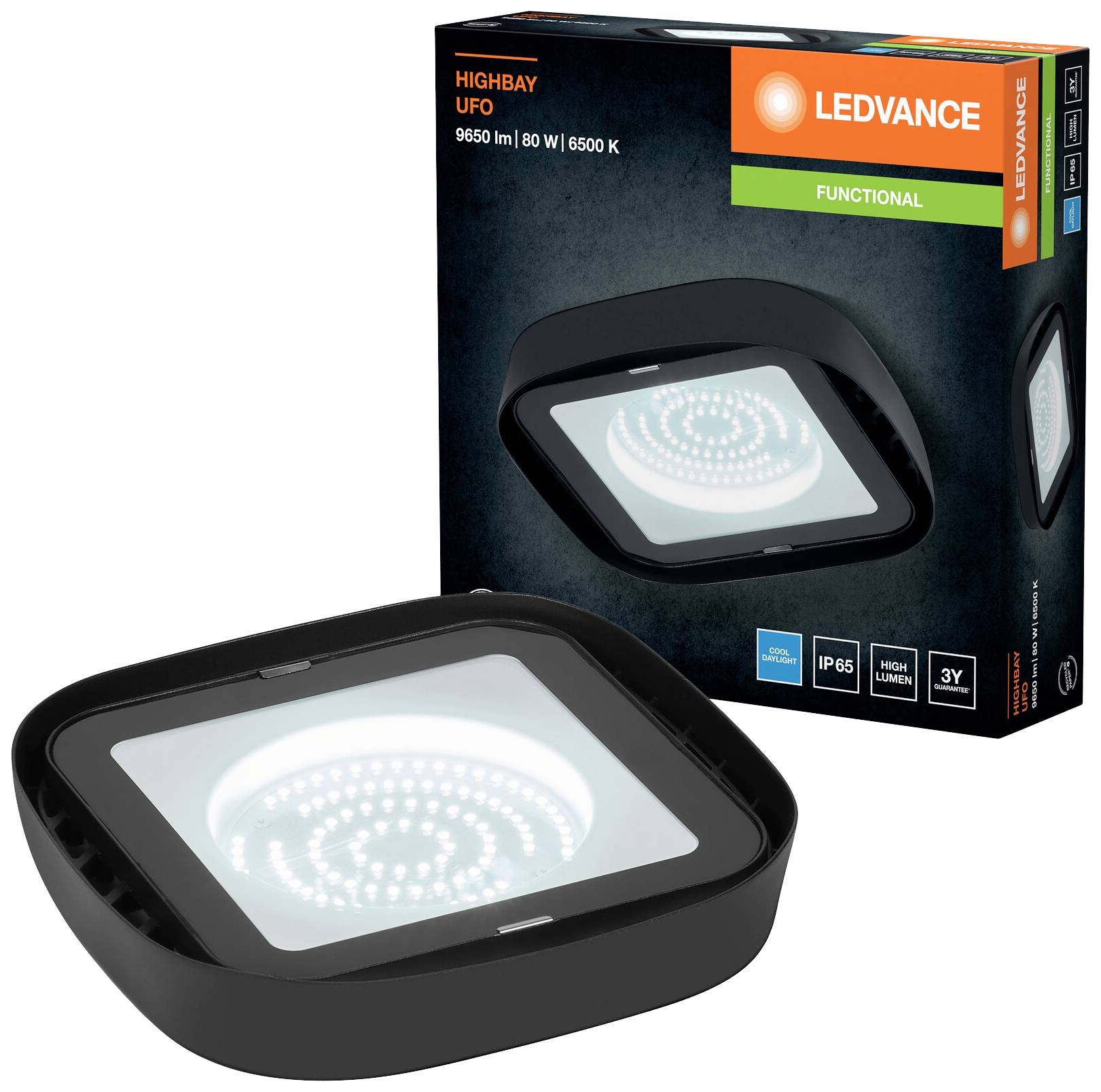 A UFO-shaped LED light and its packaging are pictured. On the packaging it says 'Highbay UFO' and '9650 lm, 80 W, 6500 K'.