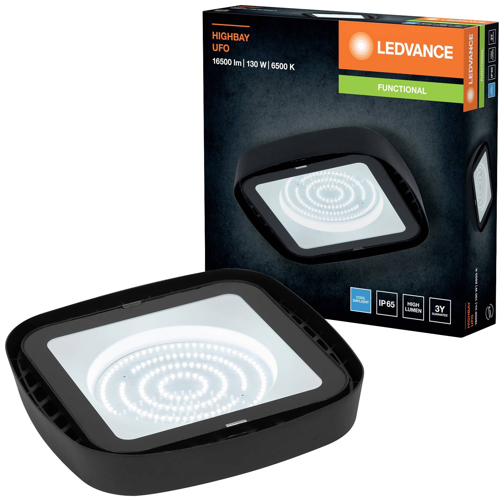 Flat black LED light situated next to its packaging, which displays the brand alongside the product information 'Highbay UFO' and specifications.