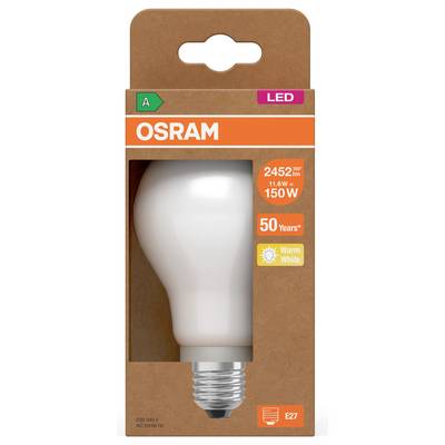 OSRAM LED light bulb package, showing a warm white 150W equivalent bulb with E27 base and 2452 lm output.