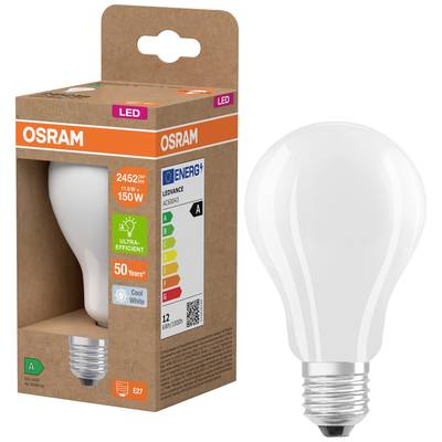 Osram LED light bulb next to its packaging. Packaging displays Energy Efficiency Class A, 'Cool White' light colour, and 50-year lifespan.