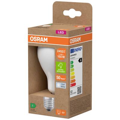 An OSRAM LED light bulb in its packaging, showing energy efficiency class A, 12 kWh/1000h, E27 Edison screw fitting, 2452 lumens, replaces 150 W, ultra-high performance.