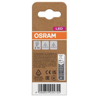 OSRAM LED bulb packaging with E14 base, product warnings, recycling symbols, and barcode.