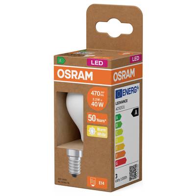 OSRAM LEDVANCE LED light bulb retail box, 2.2W 40W equivalent, warm white, E14 base, energy rating A.