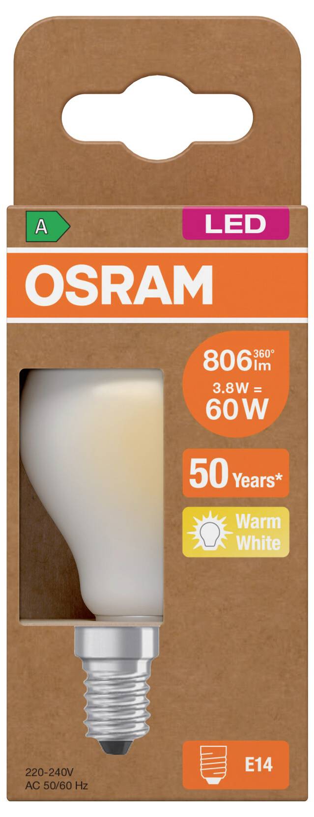 OSRAM LED light bulb package for E14 socket, warm white, 806 lm, 8.6 W, 60 W equivalent, 50 years.