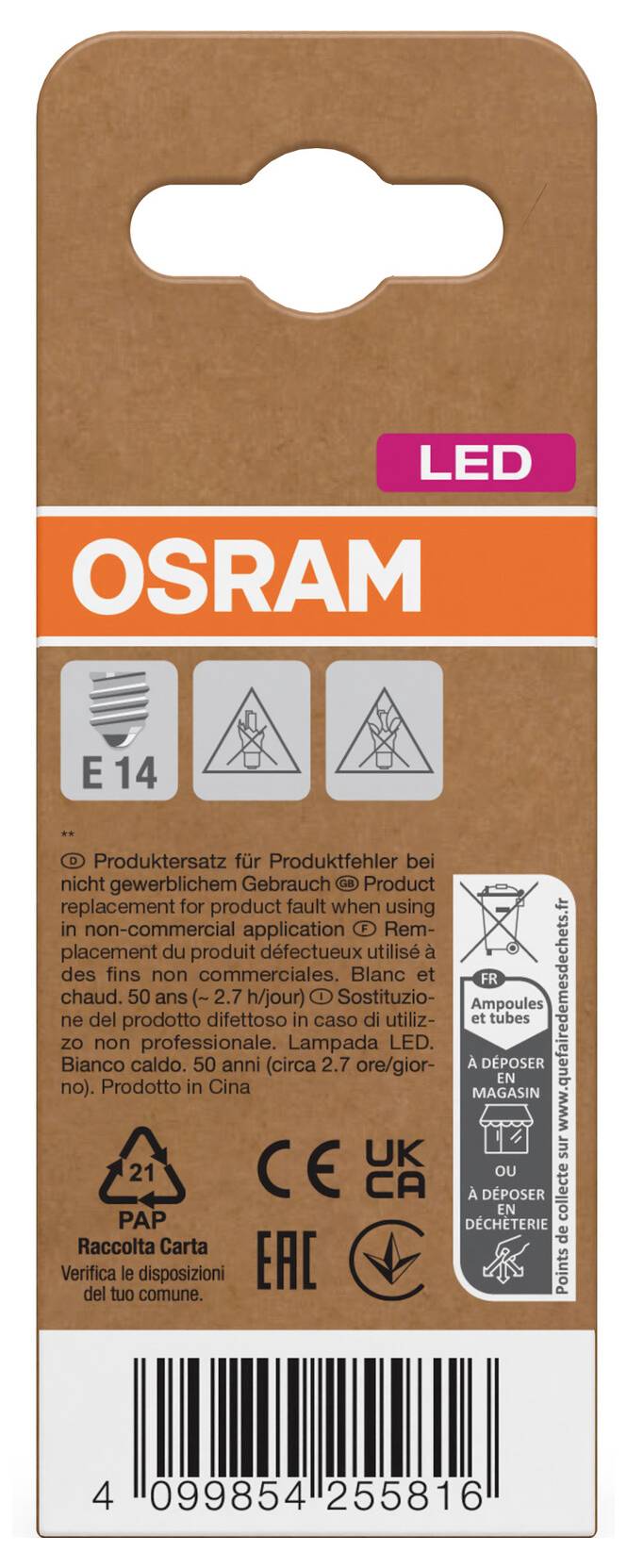 OSRAM LED bulb packaging, brown and orange box with E14 base icon, product warnings, recycling symbols, and barcode.