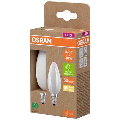 Pack of two LED light bulbs, OSRAM brand, E14 fitting, 470 lumens, 2.2 W, equivalent to 40 W, warm white, ultra-efficient.