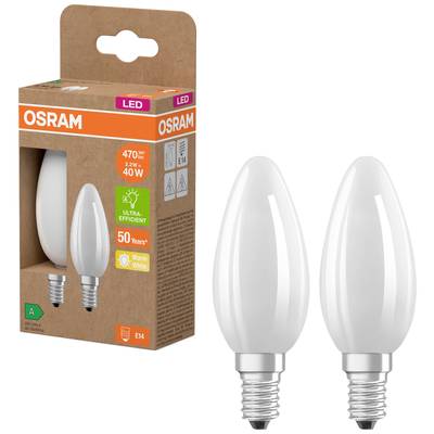 Two LED light bulbs next to an OSRAM packaging. Energy-efficient, 470 lumens, 4.3W, 40W replacement, E14 fitting, warm white light.