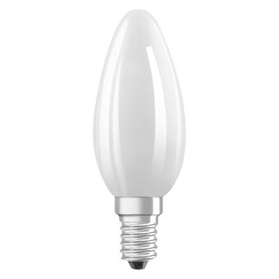 A white, teardrop-shaped LED light bulb with an E14 screw cap, standing and positioned upright.