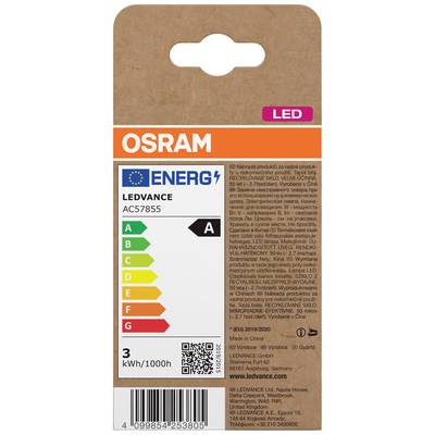 Energy label for OSRAM LED lamp, Energy Efficiency Class A, Consumption 3 kWh/1000h. Contains QR code and manufacturer information.