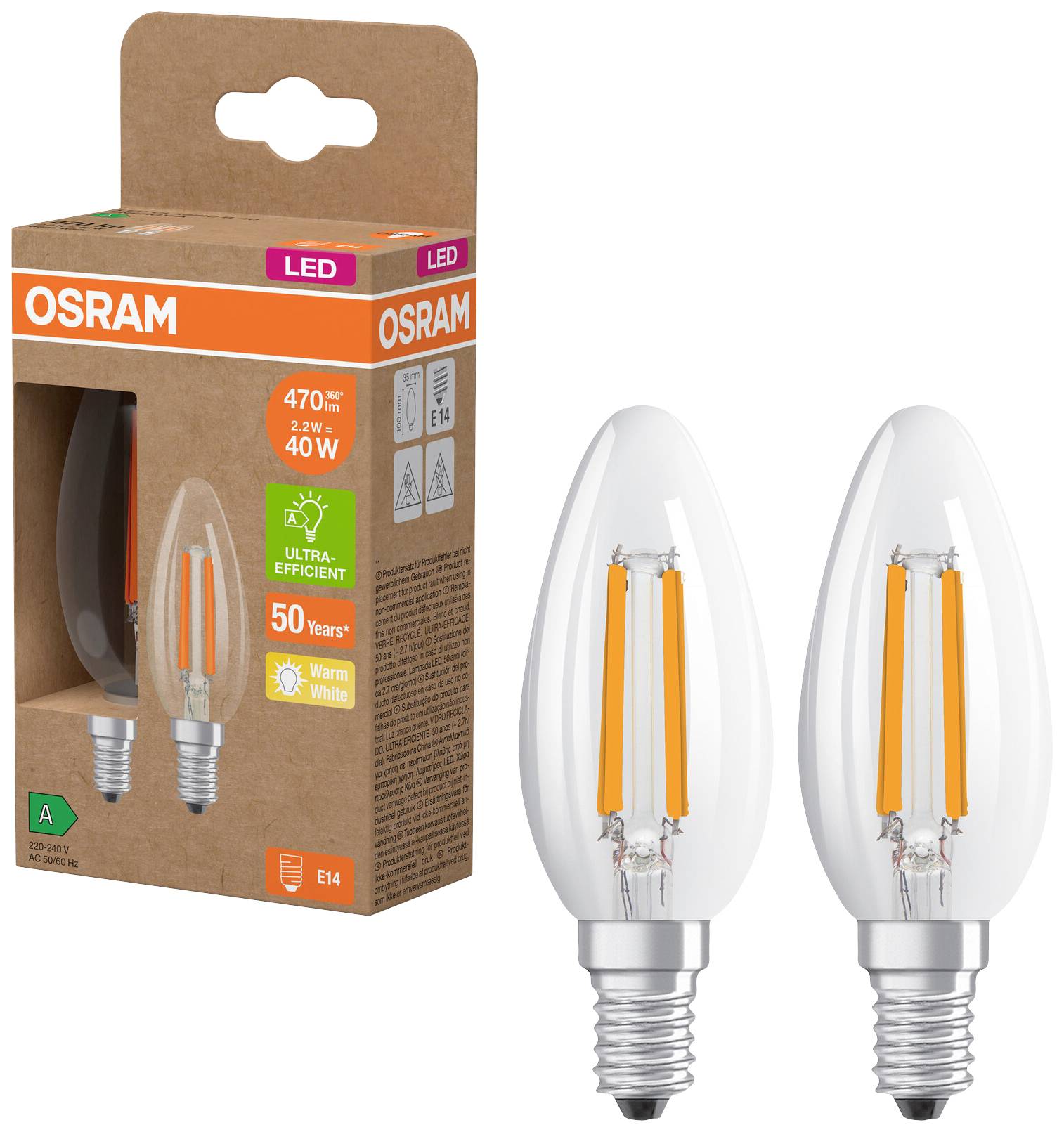 OSRAM 4099854255472 LED (monochrome) EEC A (A - G) E14 Candle shape 2.2 W = 40 W Warm white (Ø x H) 35 mm x 35 mm 2 pc(s)