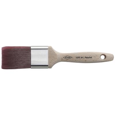 Flat paintbrush with a red bristle head, wooden handle and metal ferrule. Suitable for painting and coating.