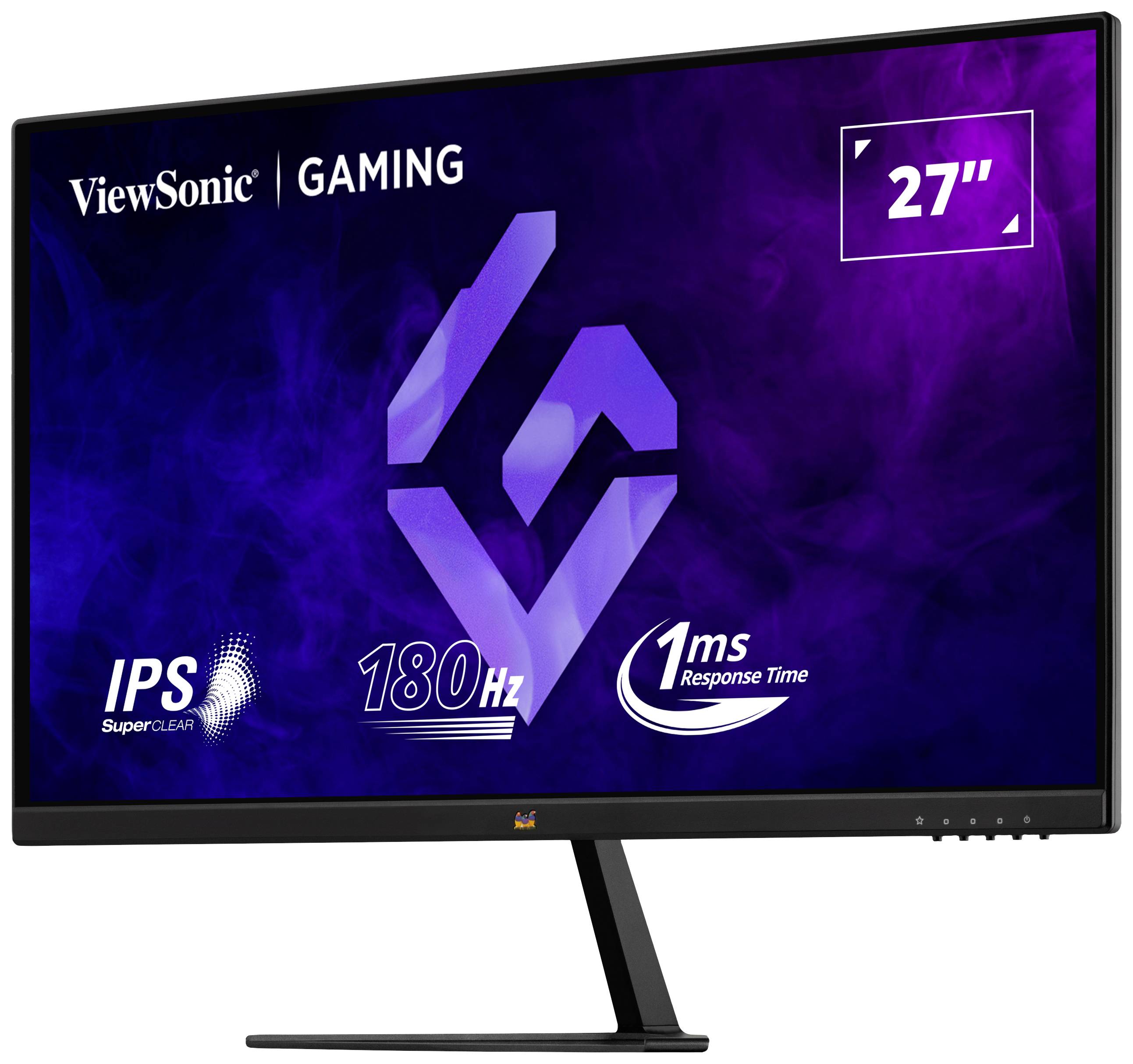 27" Gaming Monitor by ViewSonic with IPS SuperClear Technology, 180Hz Refresh Rate and 1ms Response Time on a purple-blue background.