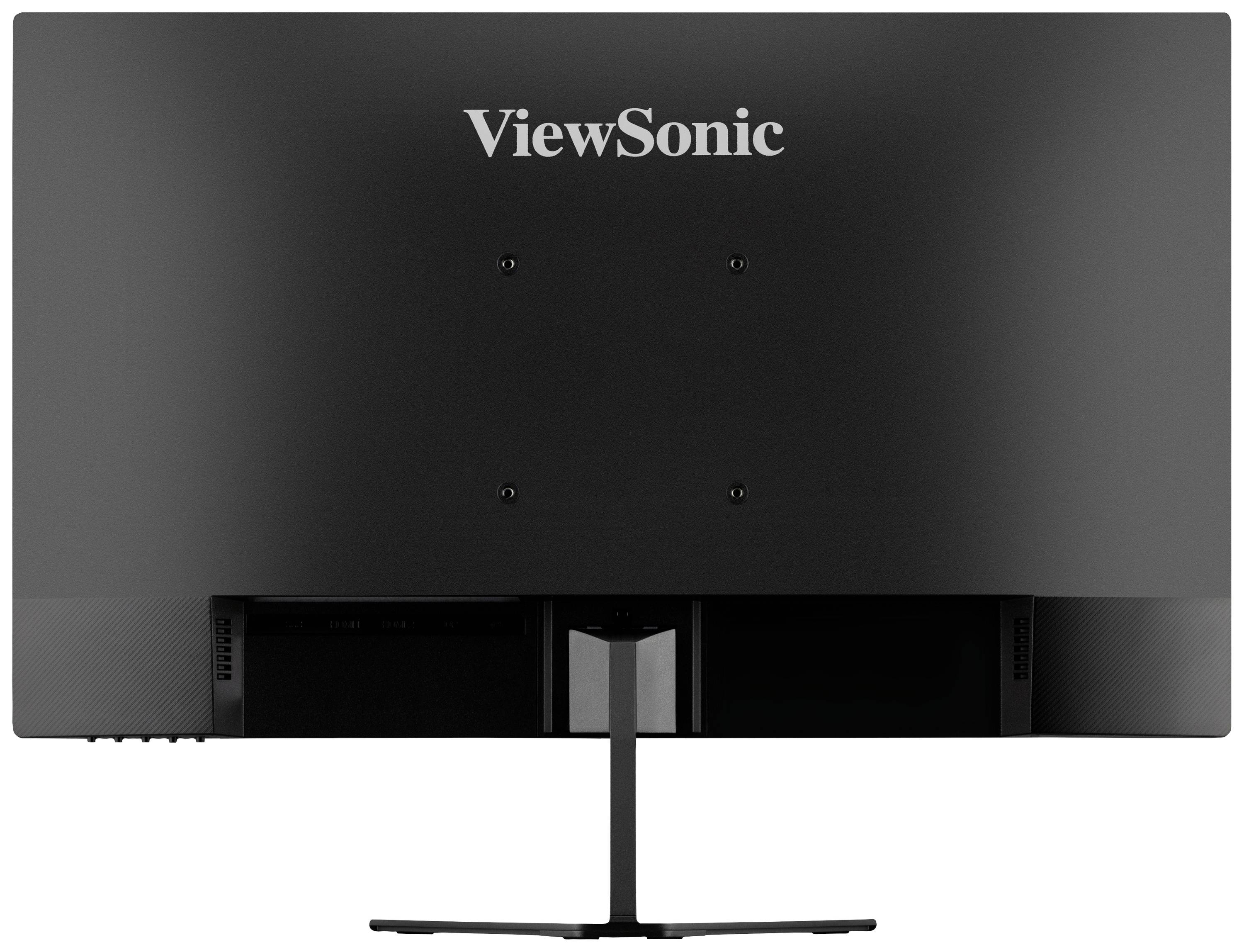 Back of a black ViewSonic computer monitor with a simple stand, without any visible cables or connections.