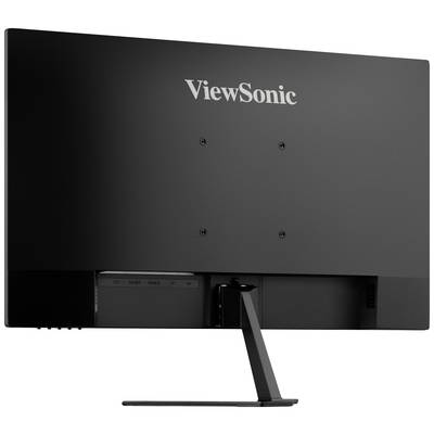 A black ViewSonic computer monitor, viewed from the rear. The monitor is mounted on a slender stand and displays no screen content.