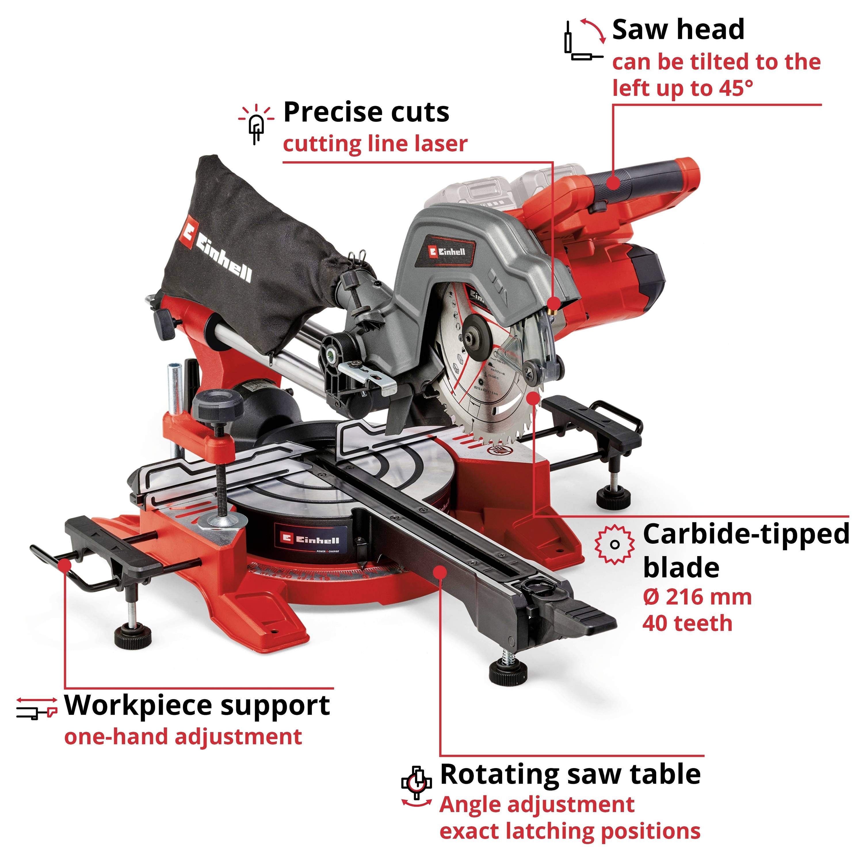 'Illustration of the Power X-Change product family with numerous tools, including a mitre saw in the foreground.'