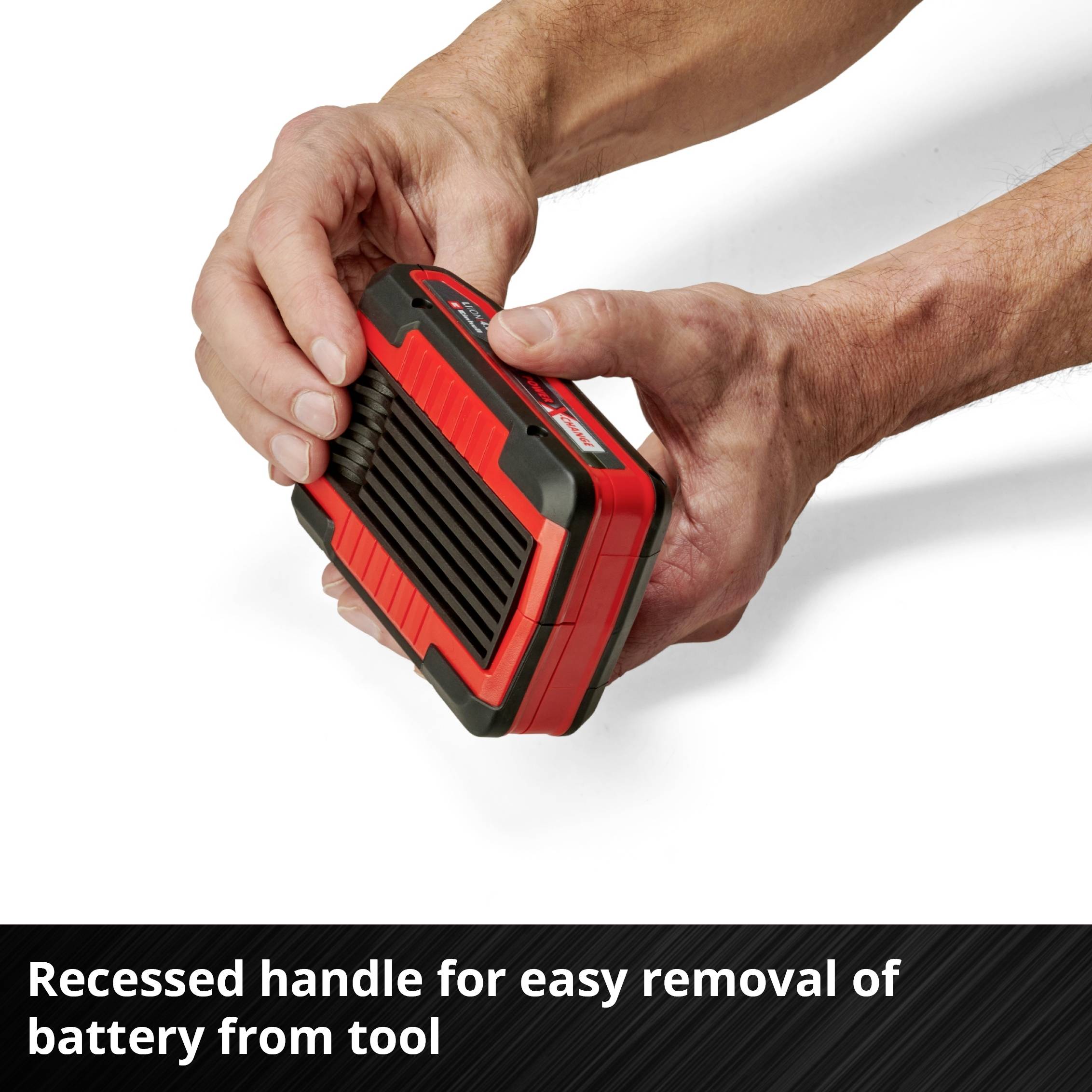 Two red batteries with labels: 'Power X-Change', '36 V Battery Power', 'PLUS Technology', 'Battery Management System' and 'Battery Level Indicator'.