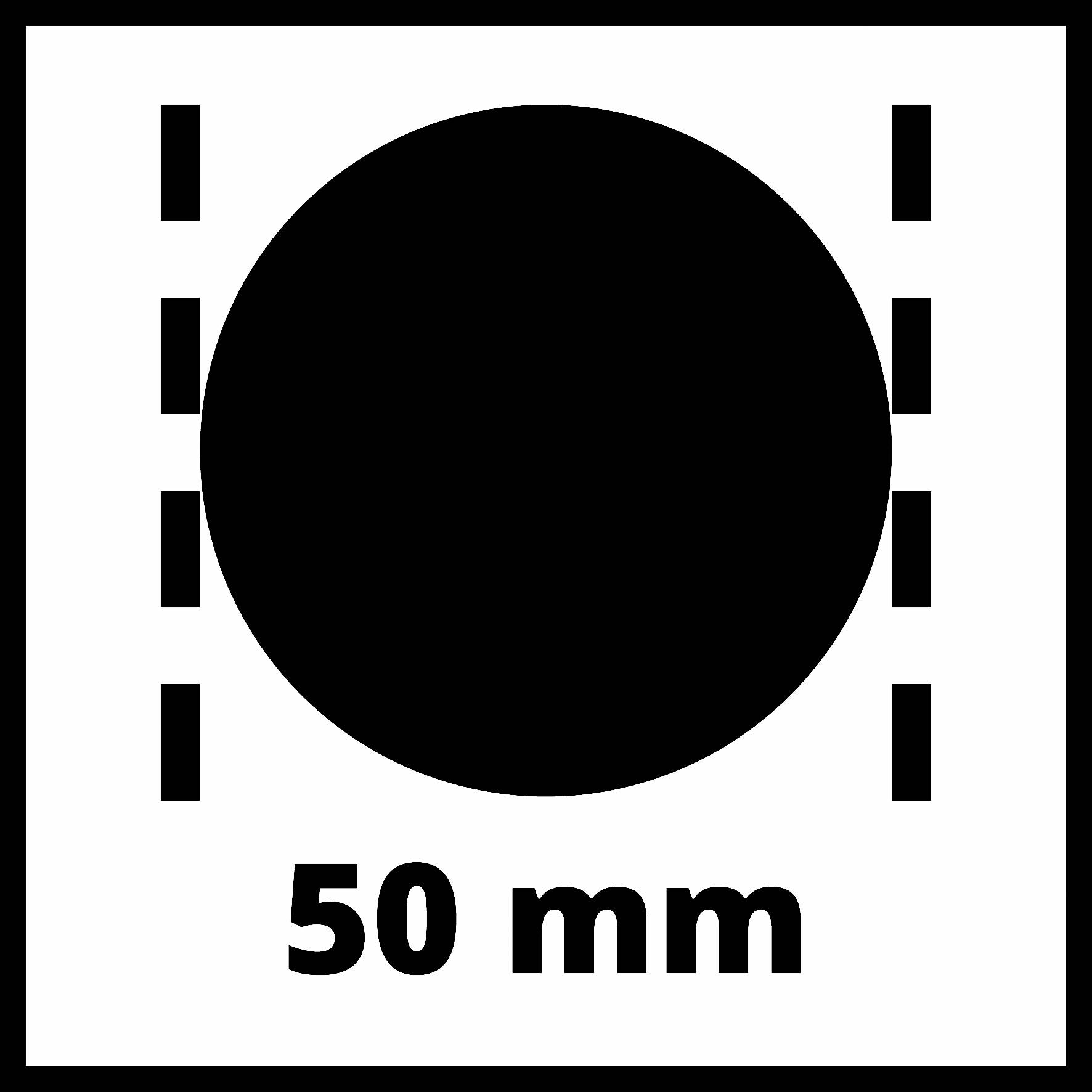 '50 mm' is depicted beneath a large black circle in the centre of a white square.