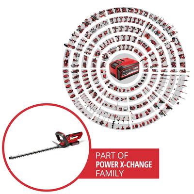 Battery-powered hedge trimmer, part of the Power X-Change product range. Pictured with a variety of compatible tools in a circle.