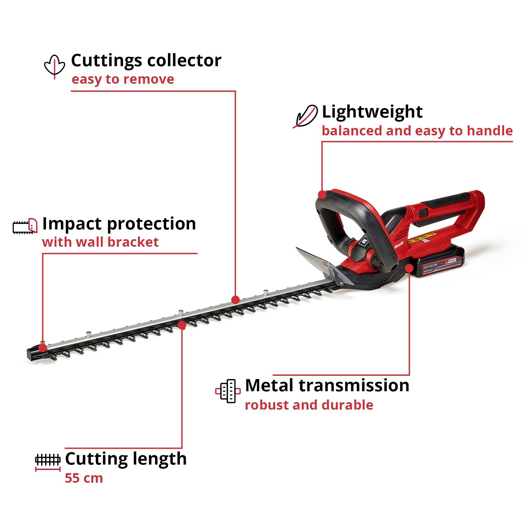 Battery-powered hedge trimmer with metal gearbox, lightweight and well-balanced. Cutting length 55 cm, impact protection, removable grass collector.