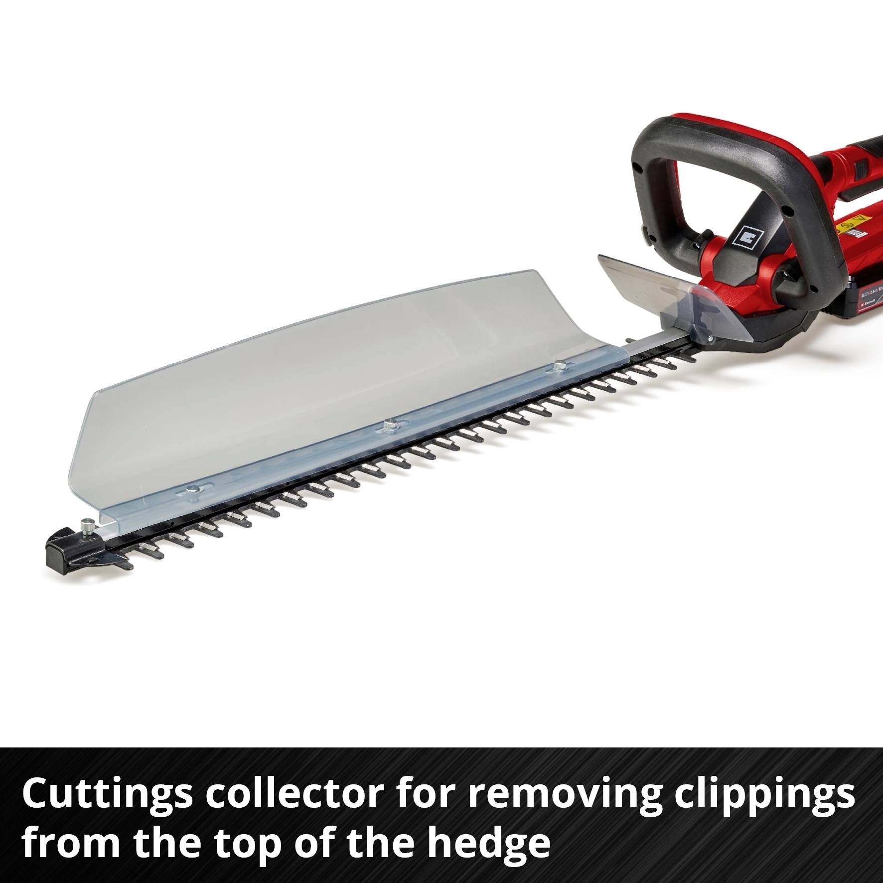 A hedge trimmer with a red handle shows an integrated grass collection attachment. Text below: 'Grass collection attachment for collecting cuttings from the top of the hedge'.