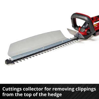 A hedge trimmer with a red handle shows an integrated grass collection attachment. Text below: 'Grass collection attachment for collecting cuttings from the top of the hedge'.