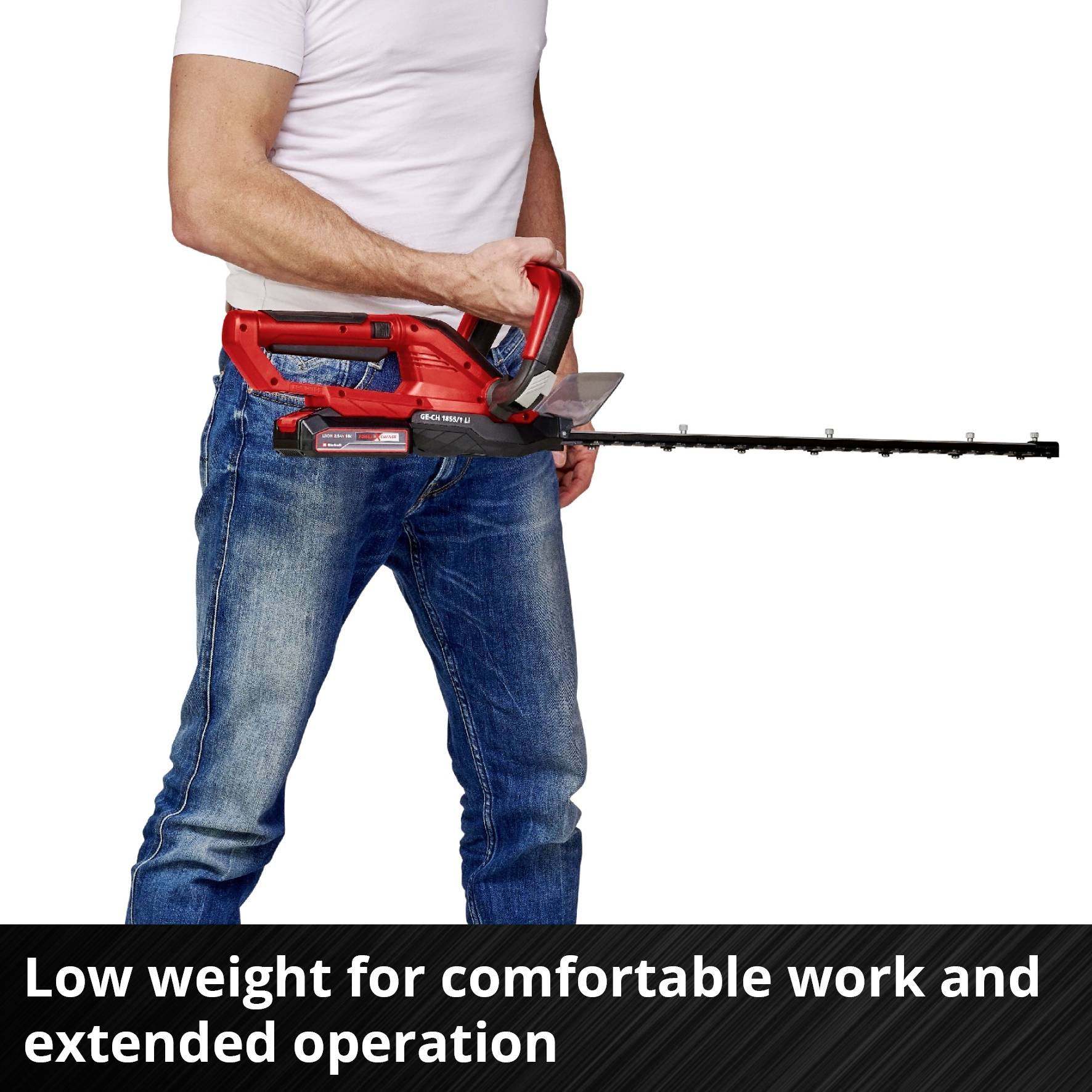 A person is holding a red electric hedge trimmer. Text below: 'Low weight for comfortable and prolonged working'.