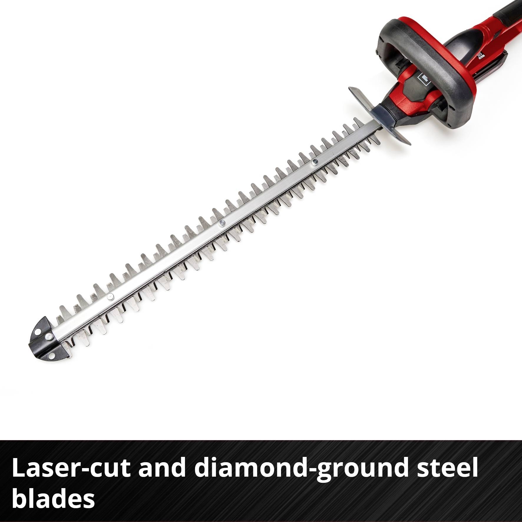 Hedge trimmer with laser-cut and diamond-ground blades, suitable for precise cutting and trimming.