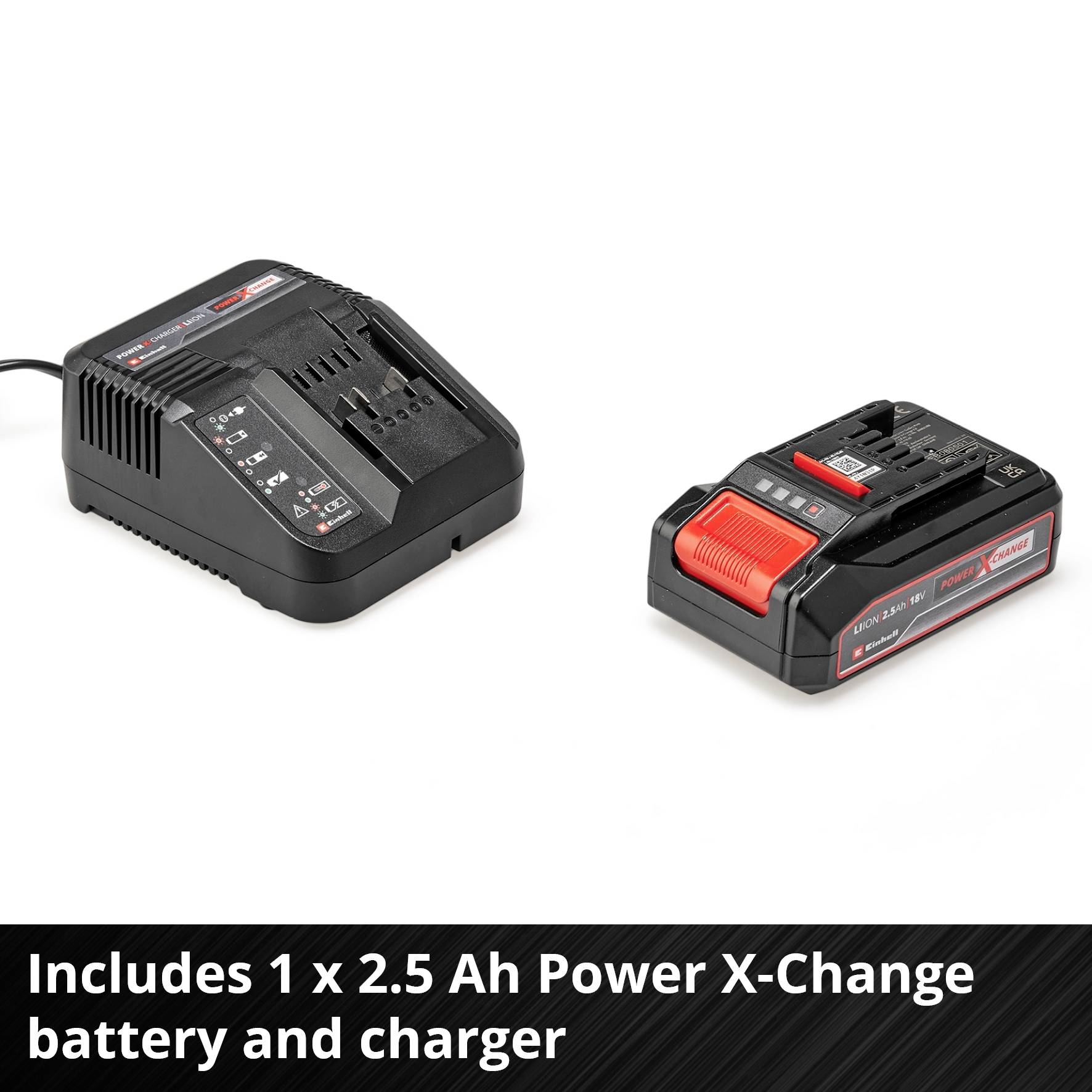 A battery charger and a 2.5 Ah Power X-Change battery on a white background. Text at the bottom edge: 'Includes 1x 2.5 Ah Power X-Change battery and charger'.
