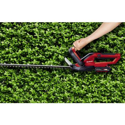 A hand is holding a red electric hedge trimmer and cutting a dense green hedge.