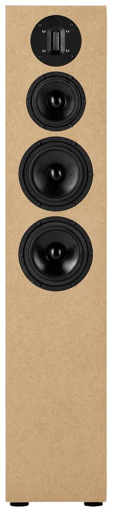 Speakers with four round black drivers in a rectangular, wood-toned enclosure, suitable for audio systems.