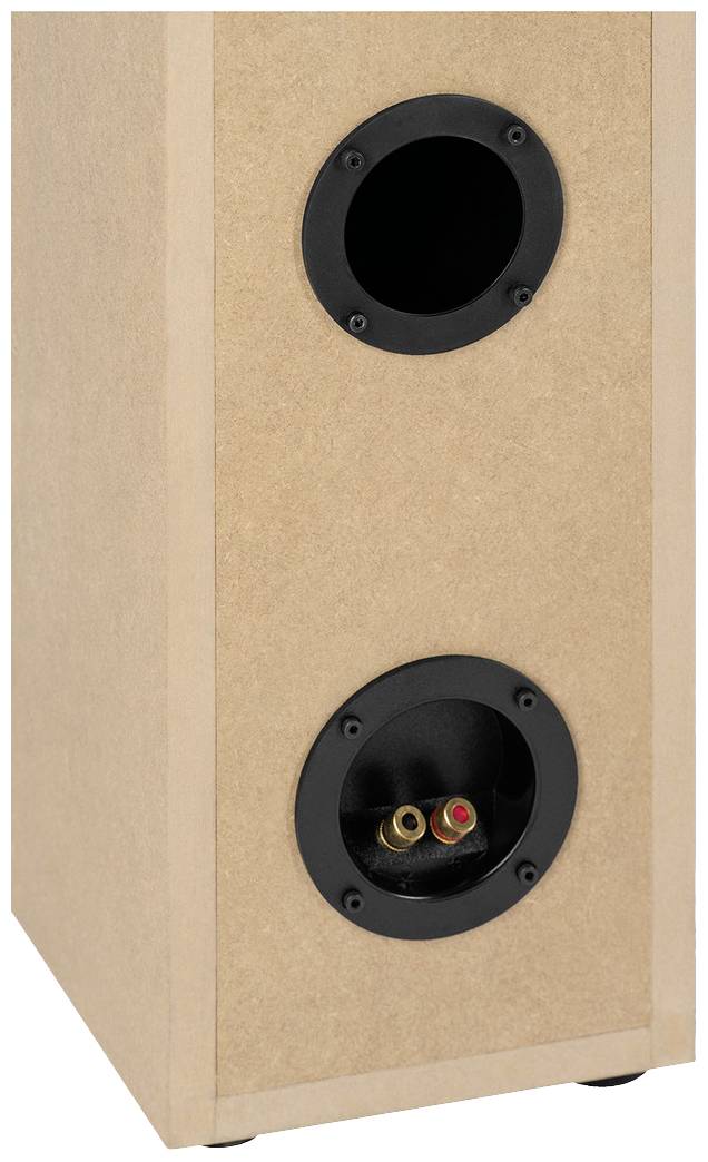 A brown speaker with two round openings on the back, shown in an angled side view.