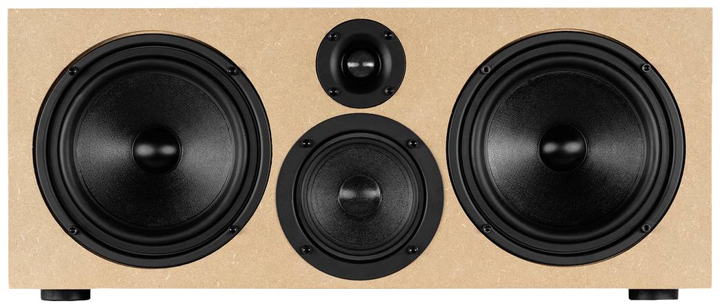 Wooden speaker box with four black speaker drivers of varying sizes. Connects audio and enhances sound quality.