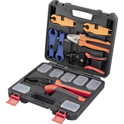 Toolkit with pliers and cutting tools in various sizes. Contains orange, blue, and red handles.