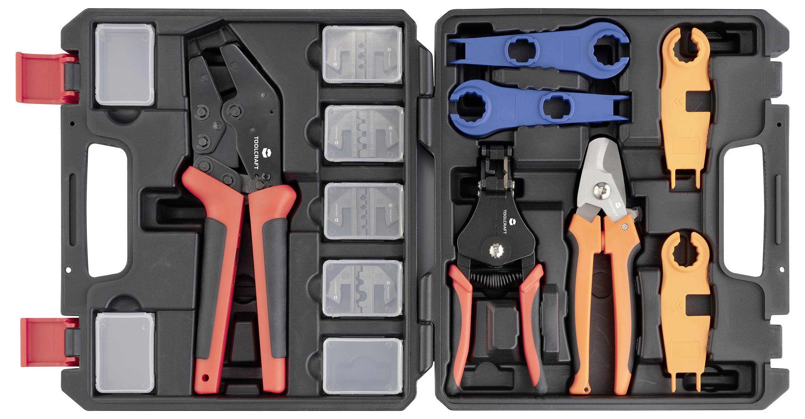 Briefcase with various cable crimping tools and accessories in compartments. Contains pliers and cable cutters of different sizes.