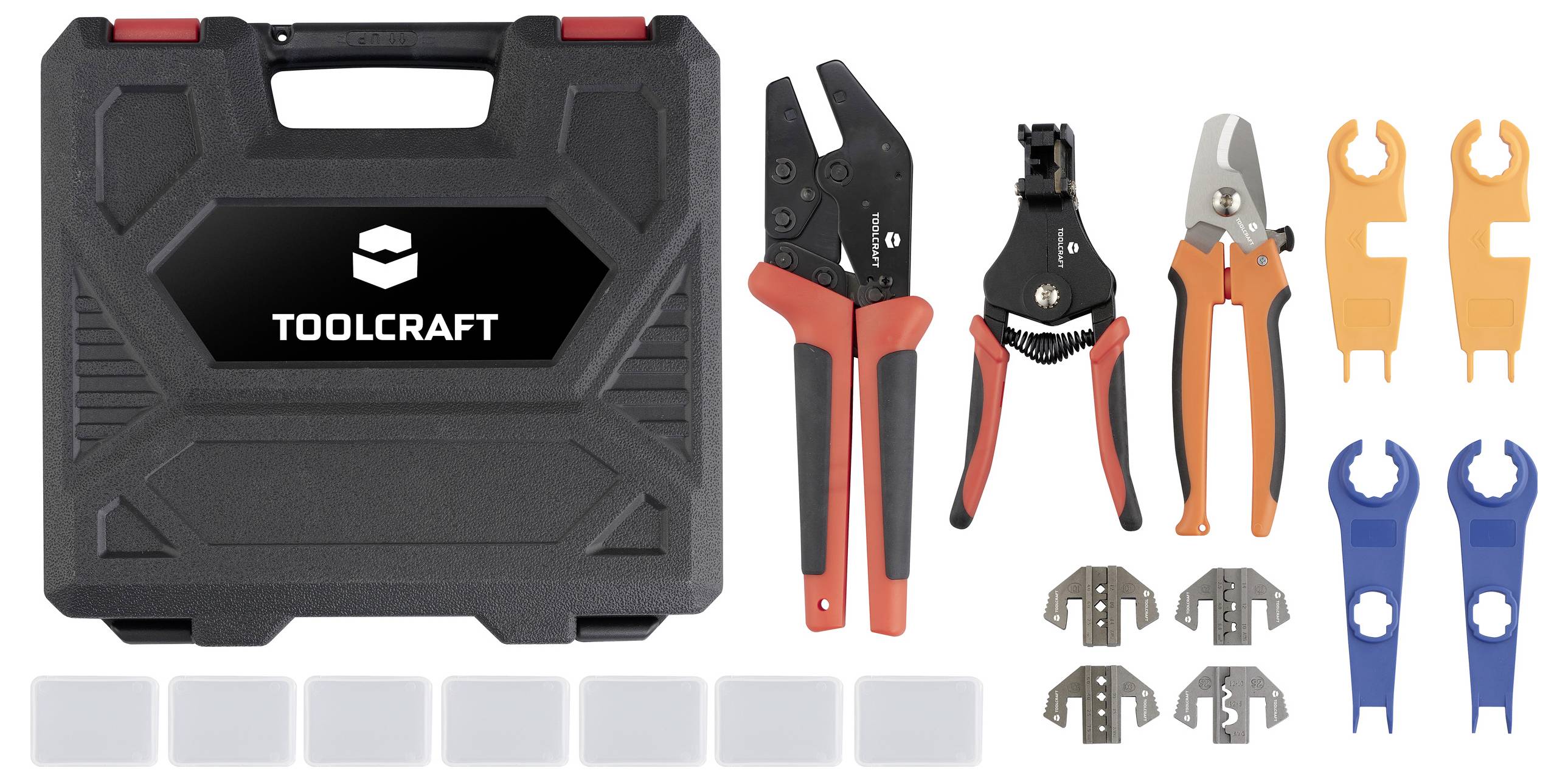 'Tool case with handle and tools: crimping pliers, cable cutters, spanners, and cable shoe attachments in various colours and sizes.'