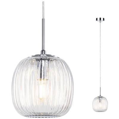 A pendant light with a translucent, ribbed glass lampshade, with a light bulb visible inside, hanging from a slender metal rod.