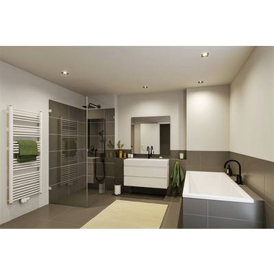 Modern bathroom with a large shower, bathtub, double washbasin and towel rail. Beige and grey tiles define the design.