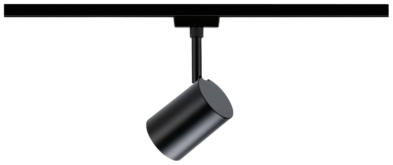 A black ceiling light with a cylindrical lamp head suspended from a track. It is modern and minimally designed.